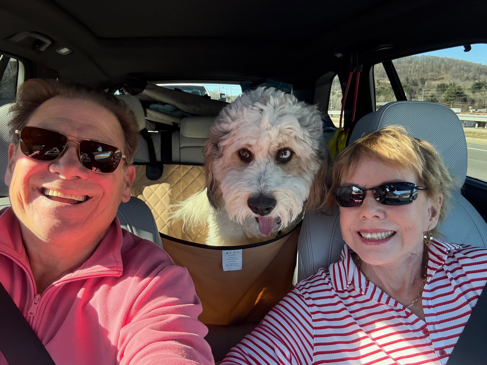 Carol, John, and Stitch the Bernedoodle — your hosts at SugarSki Haven