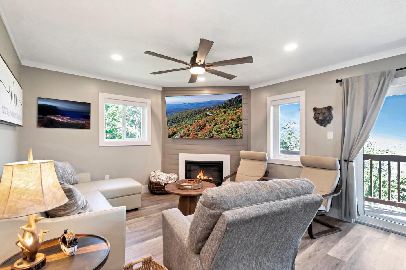 Two bedroom living room with mountain view