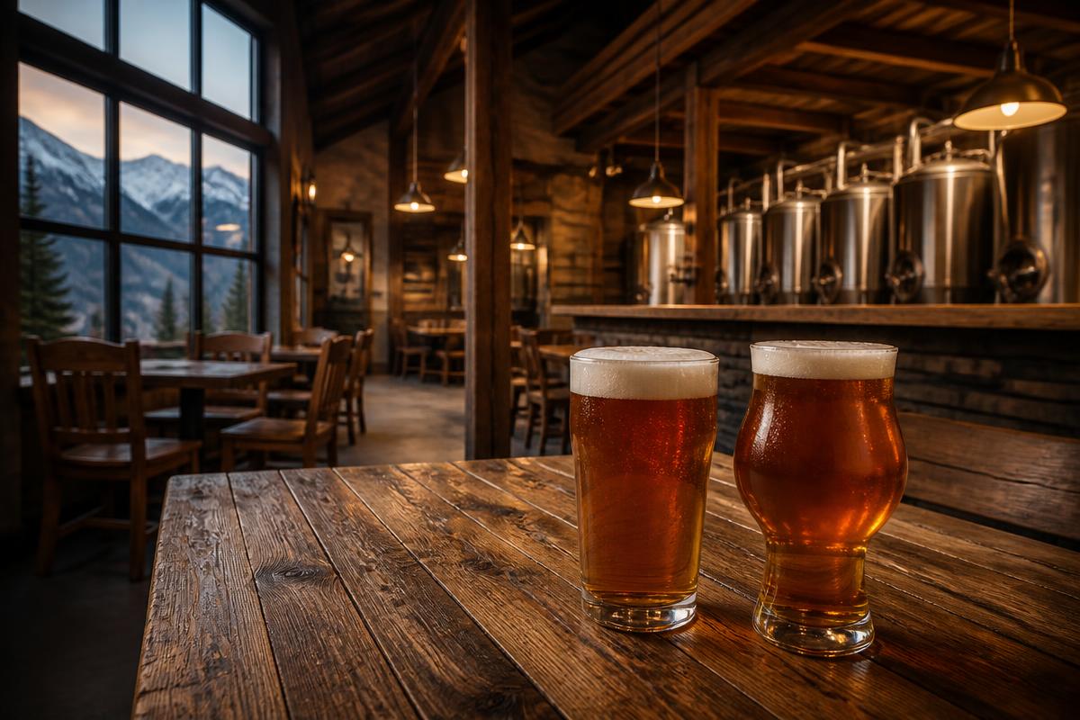 A cozy mountain brewery taproom with amber beer on a wood table