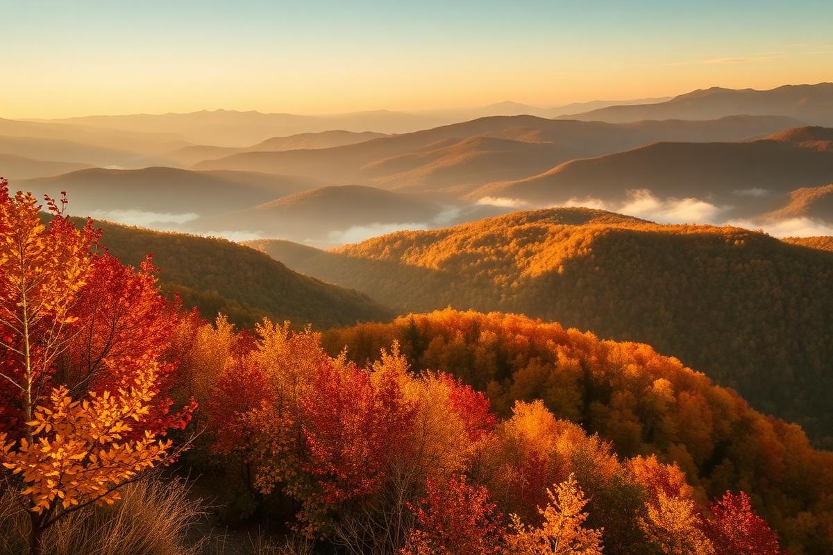 Autumn colors across the Blue Ridge Mountains at sunrise