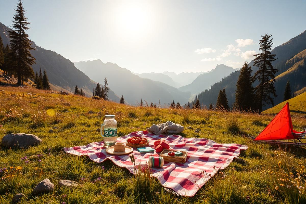 A picnic blanket in a sunlit mountain meadow