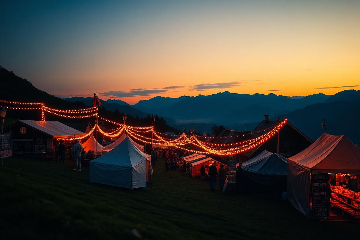 String lights over festival tents in the mountains at sunset