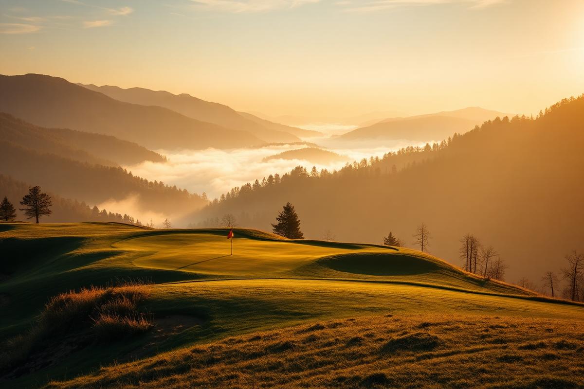 A mountain golf fairway above a misted Blue Ridge valley