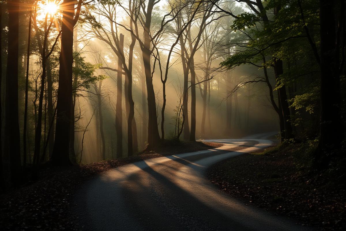 A quiet forest road in morning mist near Sugar Mountain