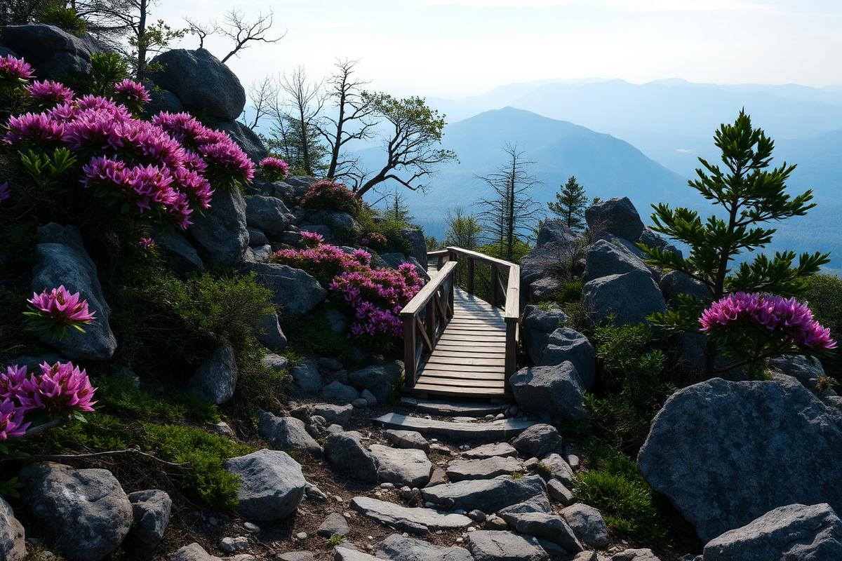 A wooden footbridge on a high mountain hiking trail
