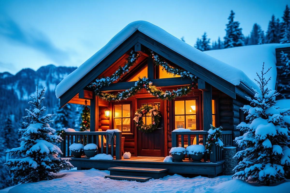 A snowy cabin porch decorated for the holidays