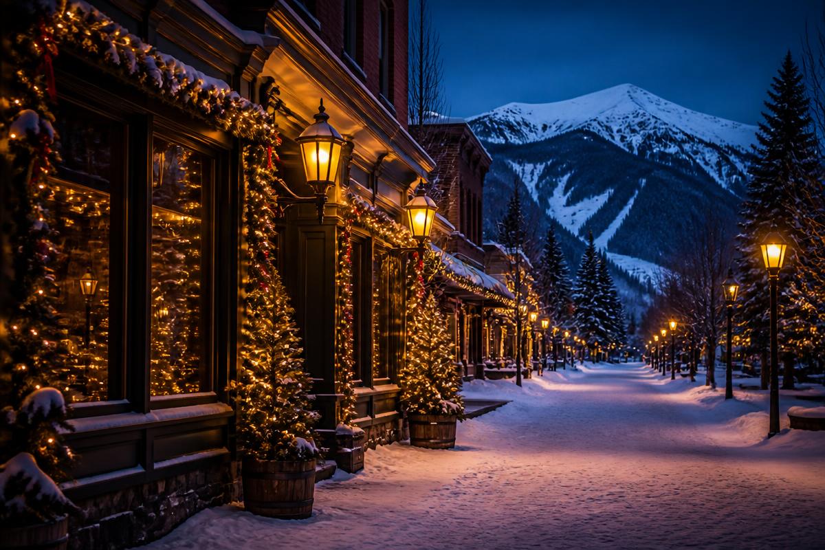A snowy mountain town street glowing with holiday lights