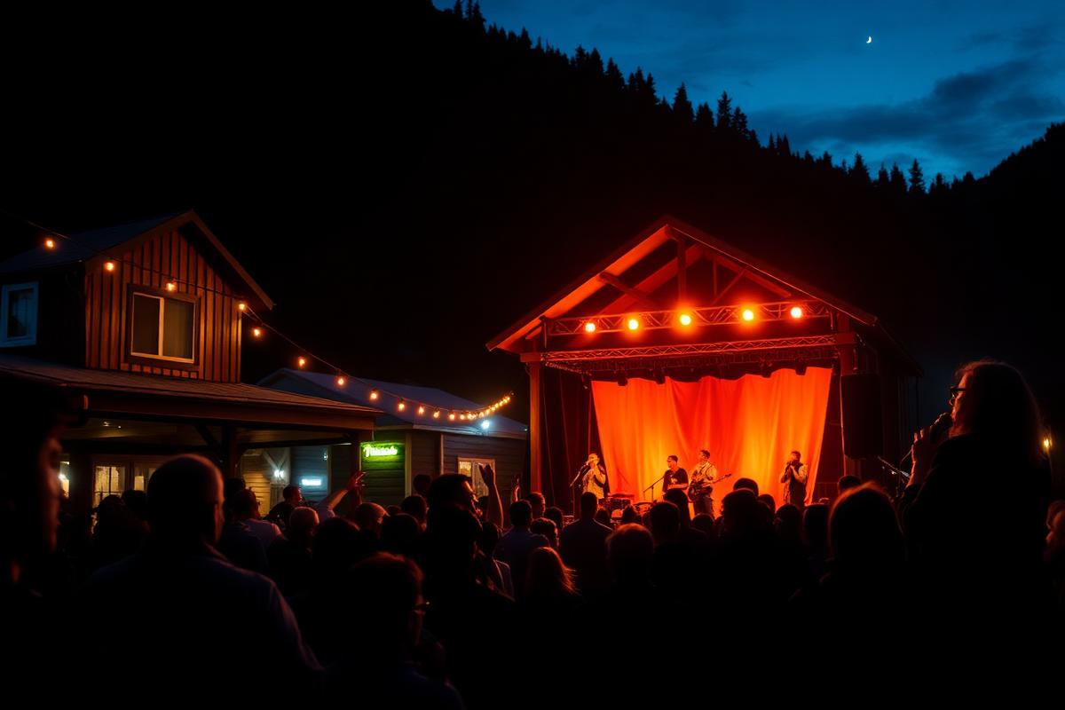 An outdoor live music evening in a mountain town