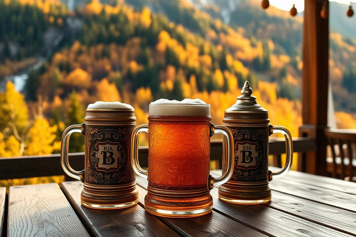 Beer steins on a wooden table above autumn mountain slopes