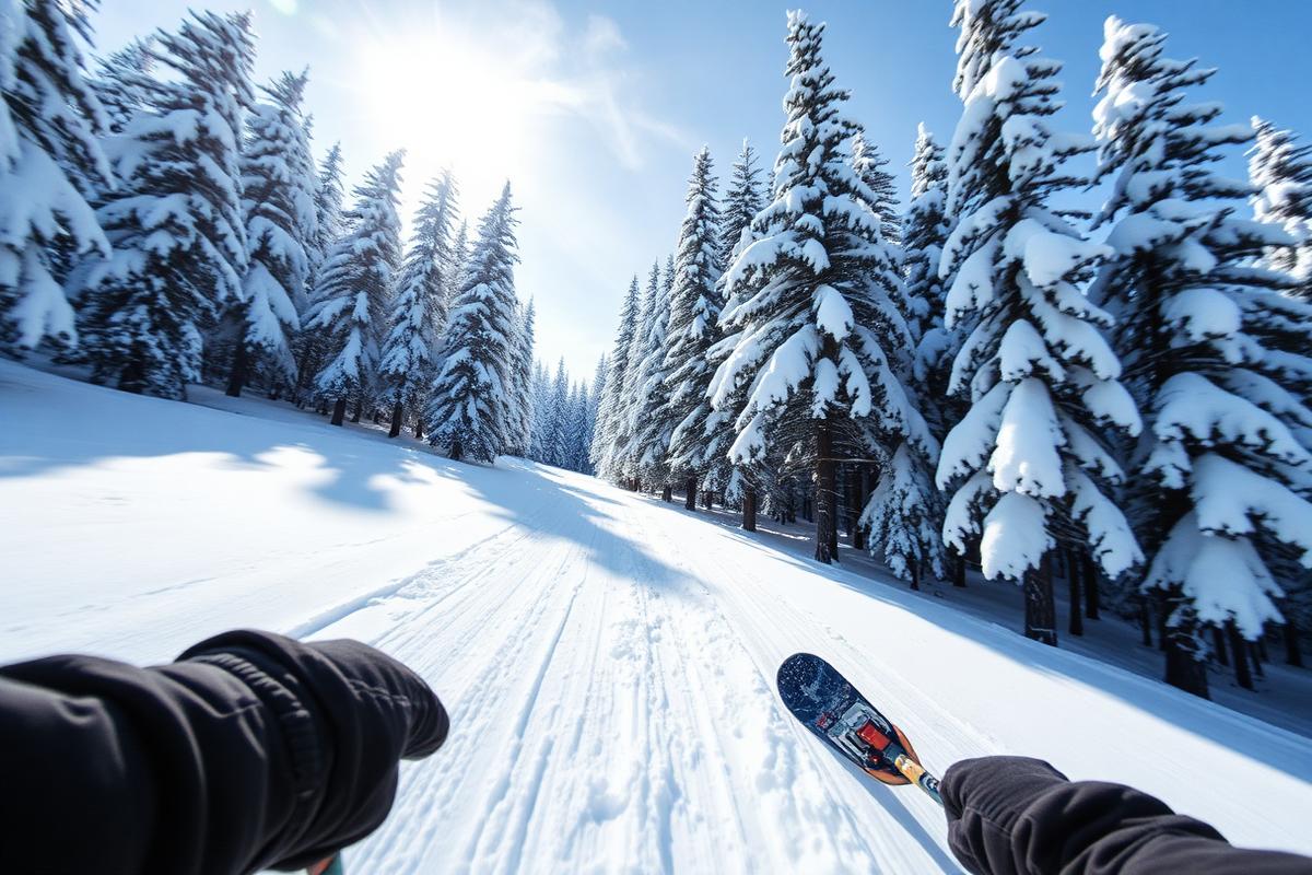 A first-person view skiing a fresh powder run through snowy pines