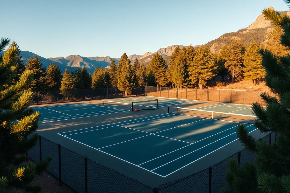 Tennis and pickleball courts ringed by mountain pines