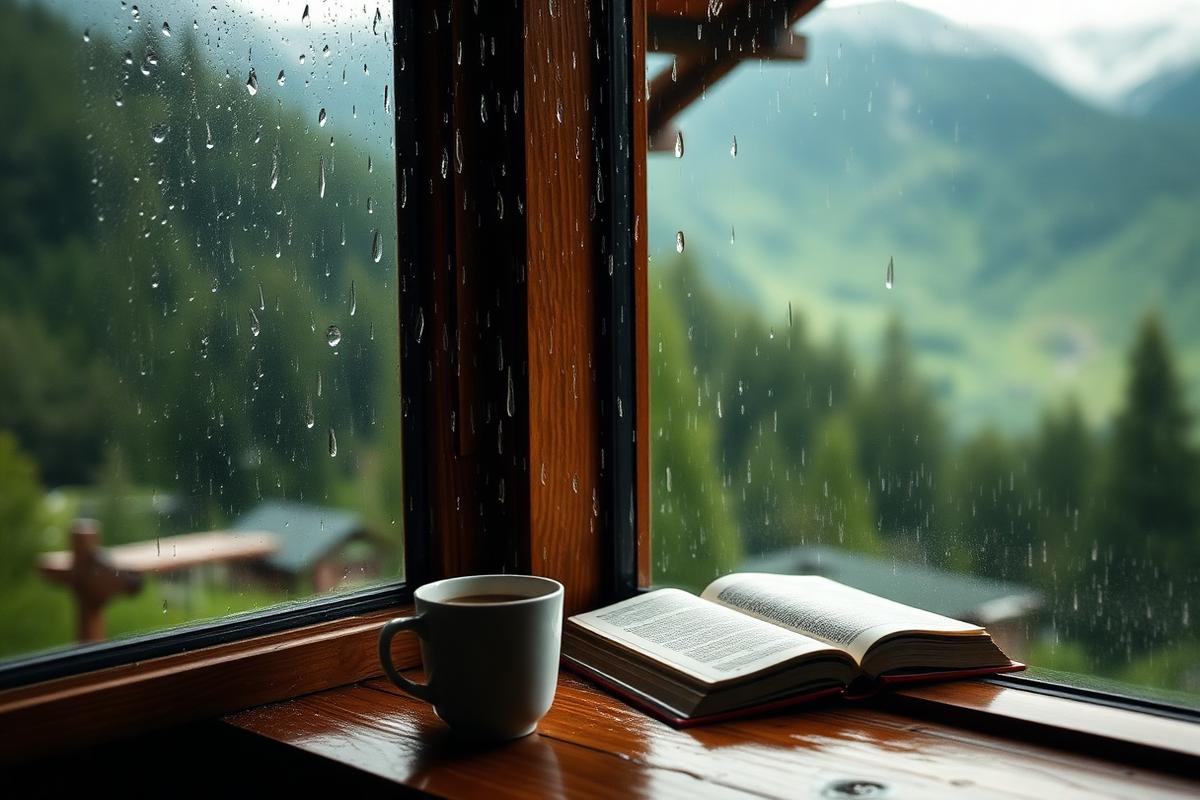 Rain on a cabin window with coffee and a book