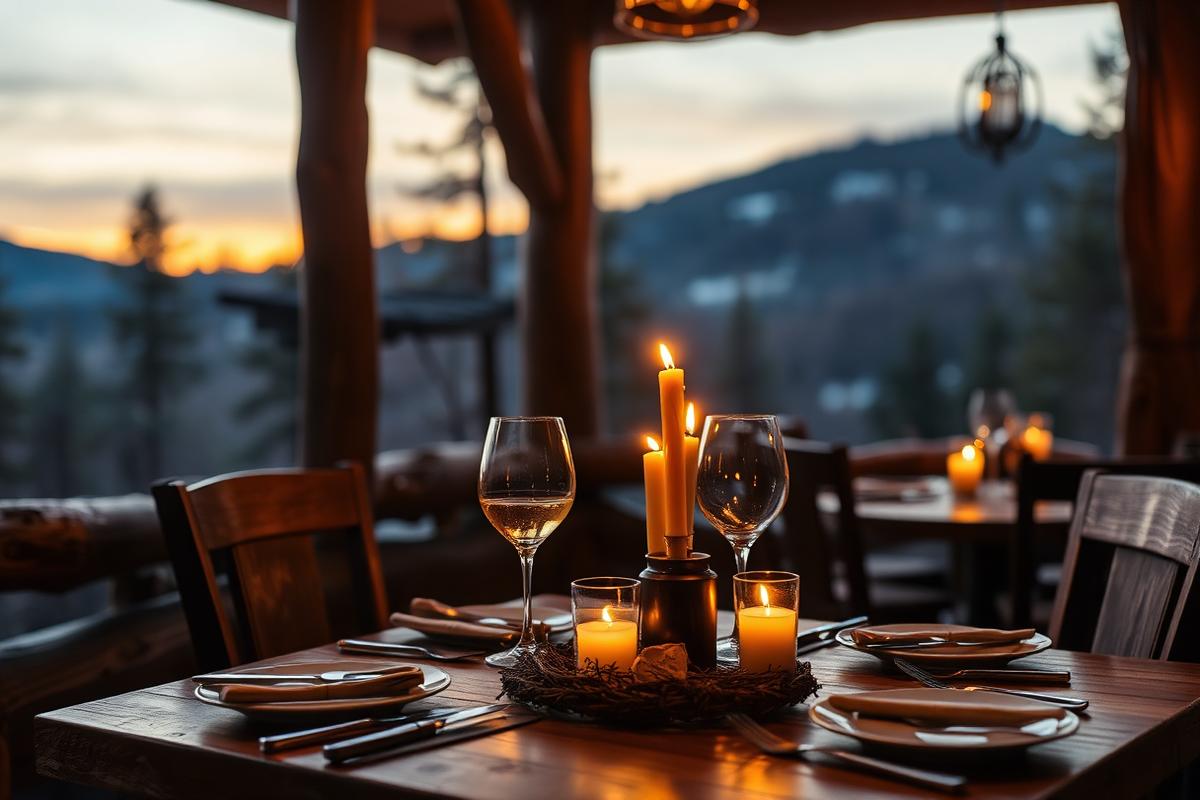 A candlelit table at a mountain restaurant at dusk