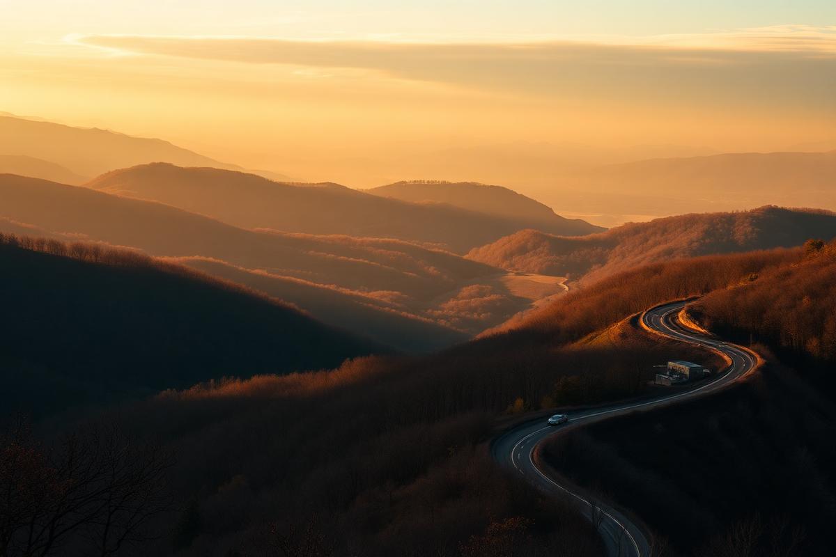 A winding parkway along layered Blue Ridge ridgelines at golden hour