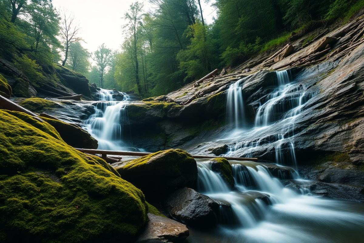 A cascading waterfall in an Appalachian forest