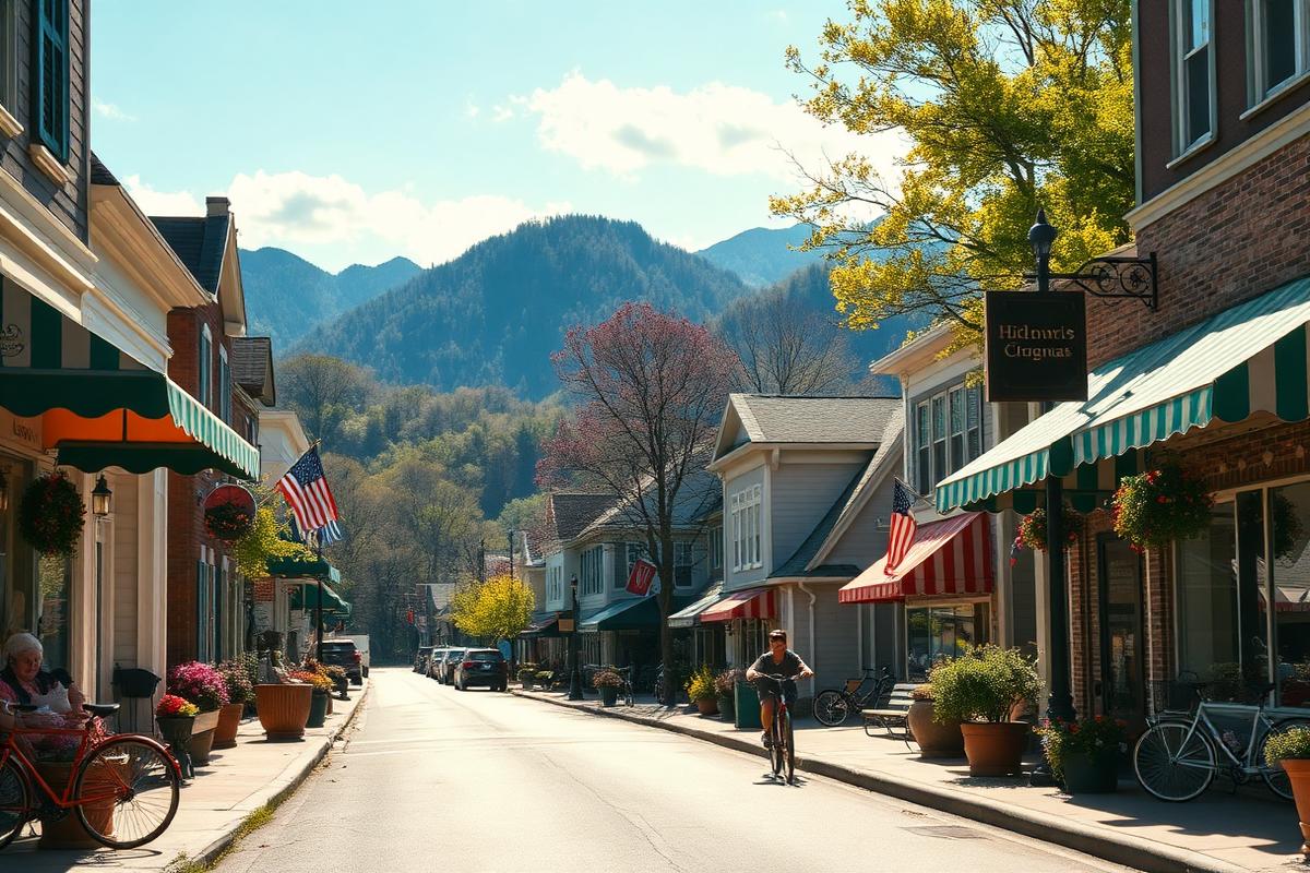A mountain village main street on a bright weekend